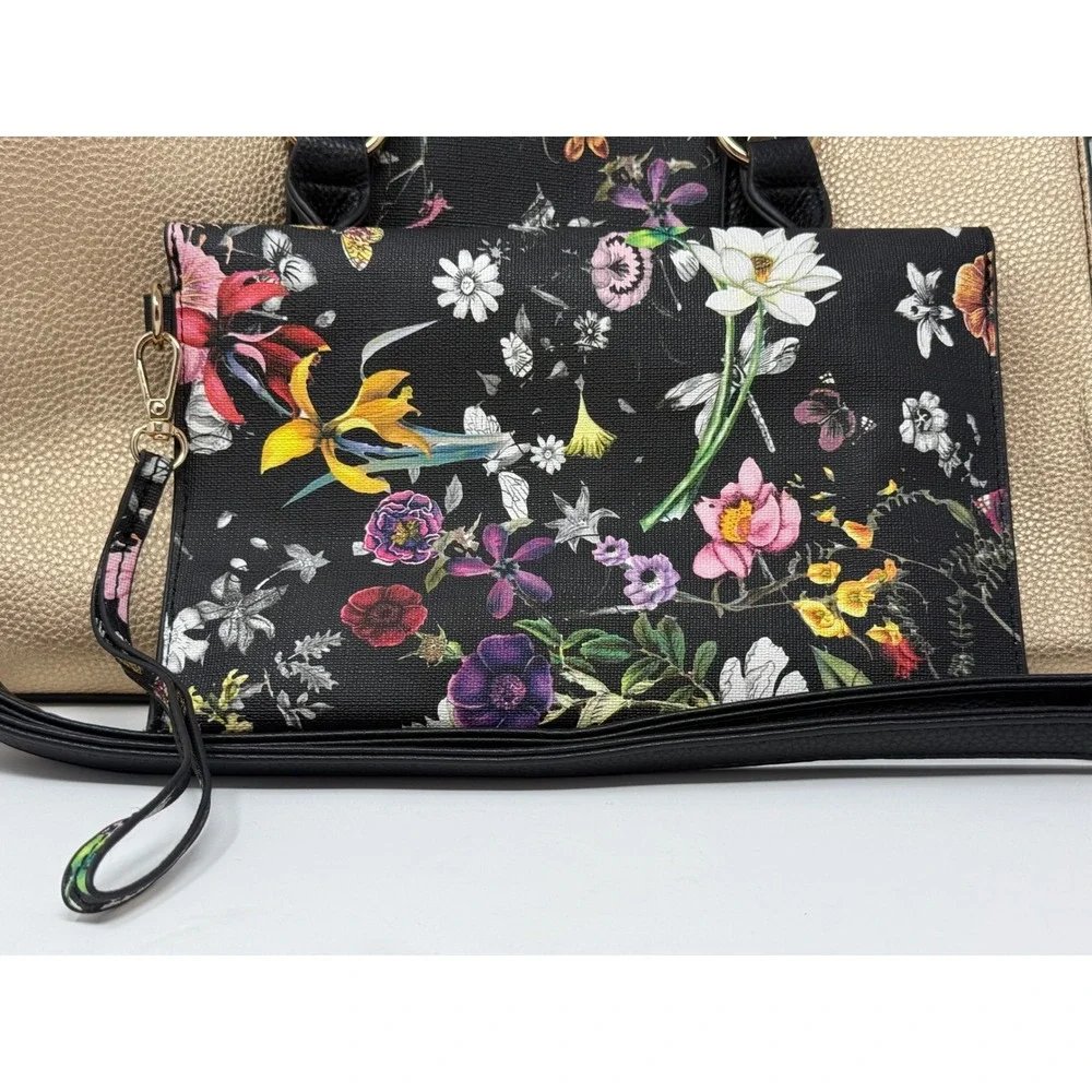 Dasein Floral Butterfly Satchel Handbag 3 Piece Set Black Gold Metallic Vegan